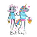 Cute card with best friends. Baby kitten and rainbow unicorn in fashionable clothes. Can be used for t-shirt print, kids Royalty Free Stock Photo