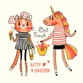 Cute card with best friends. Baby kitten and rainbow unicorn in fashionable clothes. Can be used for t-shirt print, kids