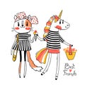 Cute card with best friends. Baby kitten and rainbow unicorn in fashionable clothes. Can be used for t-shirt print, kids Royalty Free Stock Photo