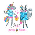 Cute card with best friends. Baby squirrel and rainbow unicorn in fashionable clothes. Can be used for t-shirt print Royalty Free Stock Photo