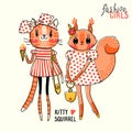 Cute card with best friends. Fashion girls. Baby kitten and squirrel in fashionable clothes. Can be used for t-shirt