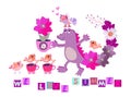 Cute card with cheerful croc, flowers, little funny birds, pink hearts and text `We love summer` on white background. Royalty Free Stock Photo