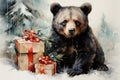 Cute card for christmas with a bear in the forest. Fancy watercolor drawing, Happy New Year greeting. AI generation