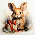 Cute card for christmas with a bunny with gifts. Fancy watercolor drawing, Happy New Year greeting. AI generation