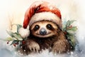 Cute card for christmas with a little sloth and gifts. Fancy watercolor drawing. AI generation