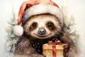 Cute card for christmas with a little sloth and gifts. Fancy watercolor drawing. AI generation