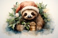 Cute card for christmas with a little sloth and gifts. Fancy watercolor drawing. AI generation