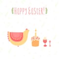 Cute card for Easter with chicken, cakes and eggs