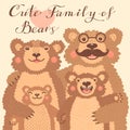 Cute card with a family of brown bears. Dad hugs mother and children. Royalty Free Stock Photo