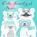 Cute card with a family of white bears. Dad hugs mother and children. Royalty Free Stock Photo