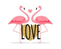 Cute card with flamingos. Love and Valentine`s day Background. Vector Illustration