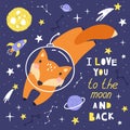 Cute card with fox astronaut, planets, stars and comets. Space Background for Kids. Can be use for typography posters, cards,