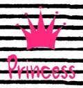 Cute card with hand drawn pink crown and princess lettering word on striped background Royalty Free Stock Photo