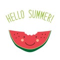 Cute card Hello summer as funny hand drawn cartoon character of watermelon Royalty Free Stock Photo