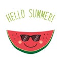 Cute card Hello summer as funny hand drawn cartoon character of watermelon Royalty Free Stock Photo