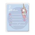 Cute card ice cream unicorn with mane long
