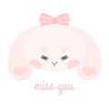 Cute card with little pink rabbit portrait. Charming animal cartoon character in simple hand-drawn Scandinavian style.