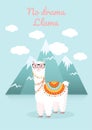 Cute card with a llama or alpaca in glasses against the background of mountains and clouds. Vector illustration for