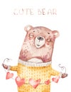 Cute card poster with handpainted portrait cartoon bear with smiling face and hearts love garland. Watercolor boho