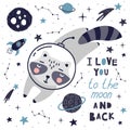 Cute card with raccoon astronaut, planets, stars and comets. Space Background for Kids. Can be use for typography posters, cards,