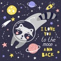 Cute card with raccoon astronaut, planets, stars and comets. Space Background for Kids. Can be use for typography posters, cards,