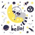 Cute card with raccoon astronaut, planets, stars and comets. Space Background for Kids. Can be use for typography posters, cards,