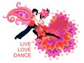Cute card with tango dancers in bright fantasy costumes, decorated paisley and flowers. International Dance Day. Concert poster. Royalty Free Stock Photo