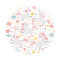 Cute card with unicorns, flowers, clouds and stars. Fairy round pattern