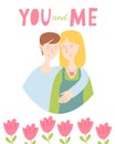 Cute card for Valentine& x27;s Day, hand draw cute lesbian, bi couple with flower and lettering YOU and ME.