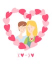 Cute card for Valentine& x27;s Day, hand draw lesbian, bi couple in frame of hearts.