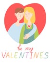 Cute card for Valentine& x27;s Day, hand draw lesbian, bi couple with lettering be my valentines.