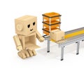 Cute Cardboard Robot picking up cardboard parcel from conveyor belt