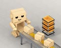 Cute Cardboard Robot picking up cardboard parcel from conveyor belt