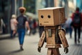 Cute cardboard robot walking on a street