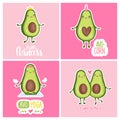 Cute cards with cartoon avocado characters. Avocado doing yoga, Princess with crown, unicorn and couple in love. Royalty Free Stock Photo