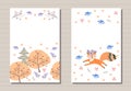 Cute cards design with forest and birds and little fox. Template for kids greeting and invitation cards, books covers Royalty Free Stock Photo