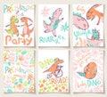 Cute cards with dinosaurs. Party invitation, baby shower, poster Royalty Free Stock Photo