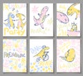 Cute cards with dinosaurs. Party invitation, baby shower, poster