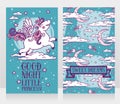 Cute cards for good night with stars and unicorn