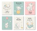 Cute Cards With Little Elephant, Vector Characters Set
