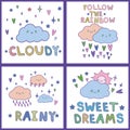 Cute cards set with hand drawn clouds kawaii . Can be used for baby shower, birthday, babies clothes, notebook cover Royalty Free Stock Photo