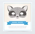 Cute carnival mask of raccoon. Children s masquerade accessory. Animal s muzzle. Flat vector design for kids birthday