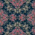 Cute carpet in indian style. Golden mandala and paisley ornament and stylized garden flowers on dark blue background.