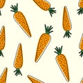 Cute carrots seamless pattern on beige background with aged scratched paper effect. Trendy doodle hand drawn style