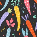 Cute carrots seamless vector pattern. Hand drawn rainbow colorful carrots with leaves and doodles on black background.