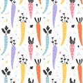 Cute carrots seamless vector pattern. Hand drawn rainbow colorful carrots with doodles on white background. Flat trendy vector ill Royalty Free Stock Photo