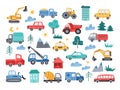 Cute cars. Construction vehicles and city transport. Hand drawn simple tractor, minimal excavator and funny lifting crane cartoon Royalty Free Stock Photo