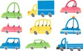 Cute cars drawn in children's style. Passenger car, truck, convertible, police cars