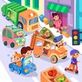 Cute cars and drivers in city. Cartoon funny characters, scene for design. People and transport, traffic jam in town