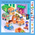 Cute cars and drivers in city. Find hidden objects. Educational puzzle game for kids. Cartoon funny characters. People